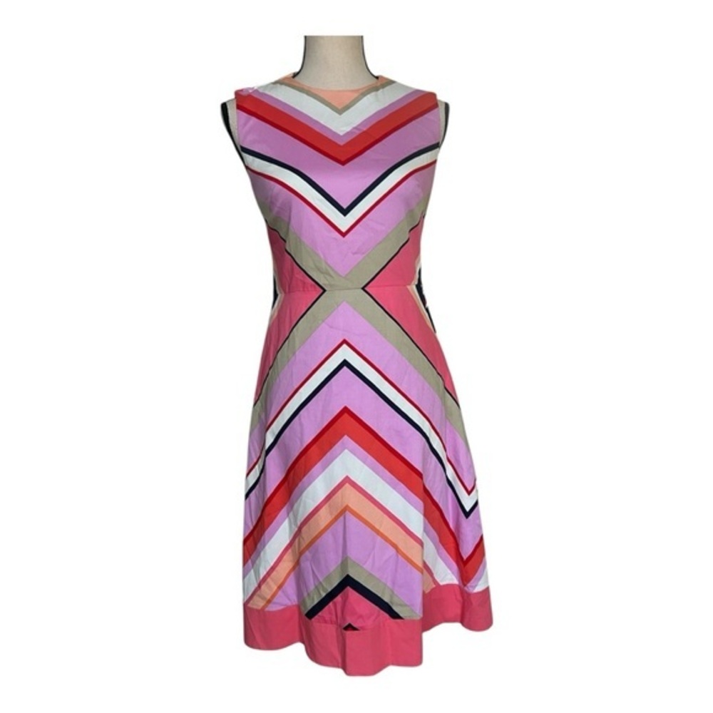 Maggy London Pink and White A-Line Midi Chevron Dress Size 6